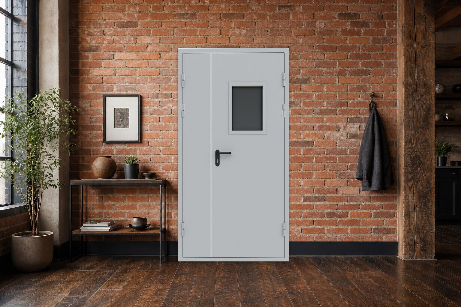 BERSERKER Противопожарная двусворчатая дверь с остеклением 2F71S в интерьере